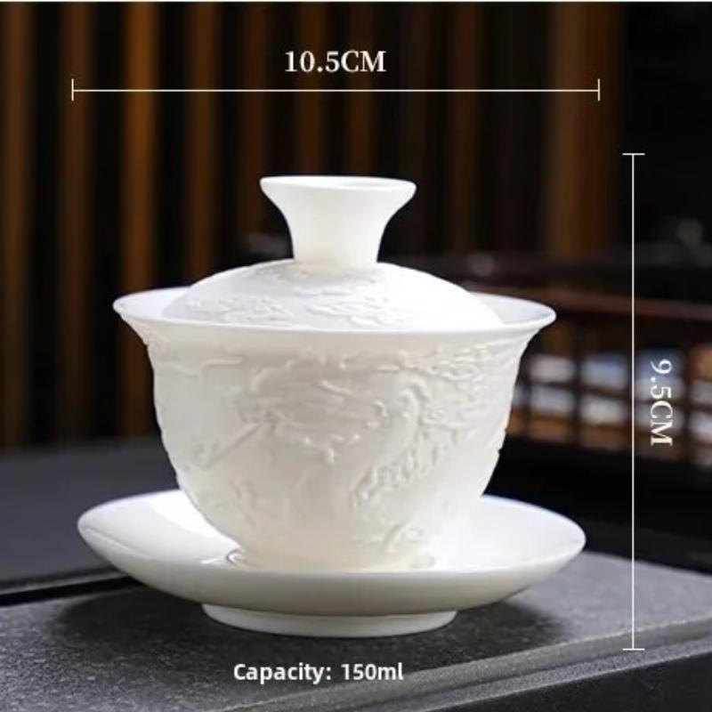 White Porcelain Kung Fu Tea Set White Jade Relief Tureen Ceramic Business Gift Simple Portable Dragon and Phoenix Cups Gaiwan