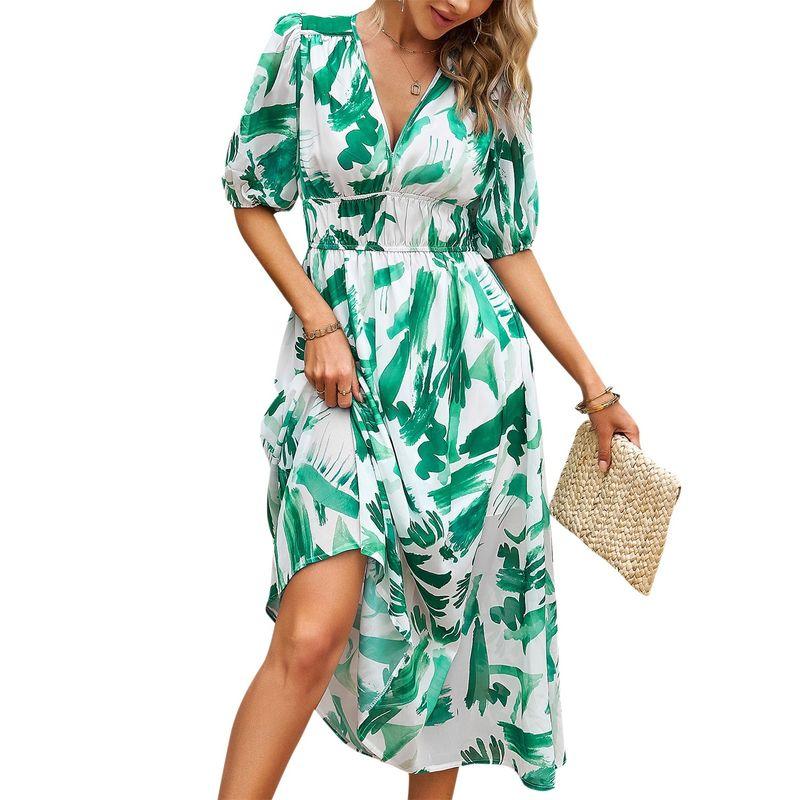 Waist Cinched V-neck Printed Long Skirt Dress Waist Hugging V-neck Print Long dress