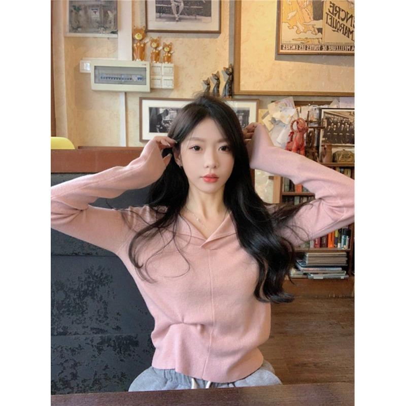 Pure desire wind v-neck sweater women's spring and autumn niche front shoulder thin top Spice girl chic long-sleeved outer knitted sweater