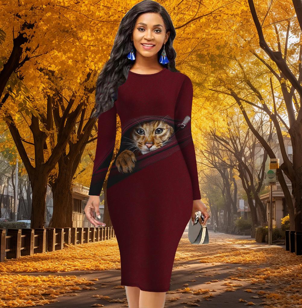 Long Sleeve Waist Tight Office Slim Fit Mischievous Cat Printing Elegant Bodycon Dress