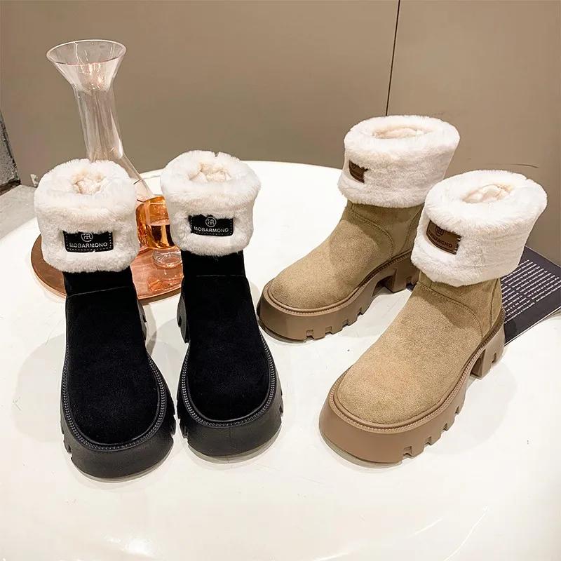 2024 Zimní sněhule s tlustou podrážkou a hřejivou podšívkou z umělé kožešiny, dámské boty do půli lýtek na klínku, teplé boty s tlustou podrážkou zvyšující výšku