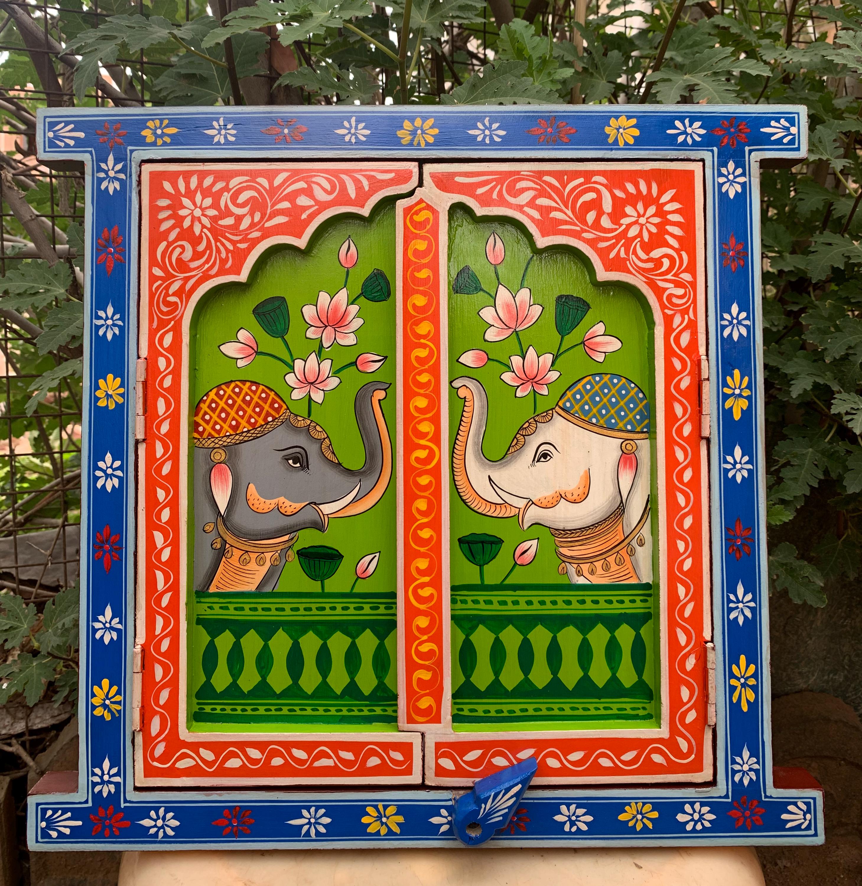 

Hand-Painted Elephant Wall Jharokha: Indian Wooden Window Hanging 16” X 8” X 24” (l x w x h) разноцветный