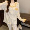 Wind cartoon printed pajamas women's spring and autumn imitation cotton sweet lace long-sleeved trousers loungewear set