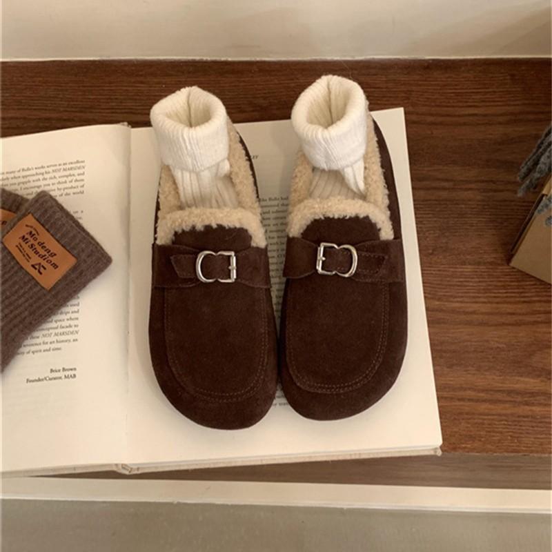 2025 Autumn and Winter New Matte Leather Round Head One Pedal Doudou Shoes Warm Fluffy Shoes Single Shoes Casual Shoes Women