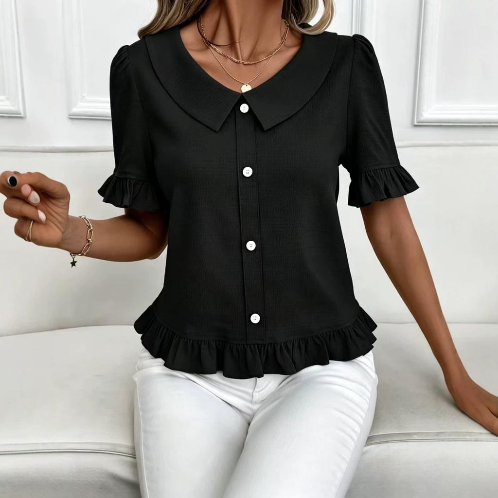 Lady's Front-buttoned Petal Short-sleeved Summer Fashion Pullover Casual Everyday Versatile Top