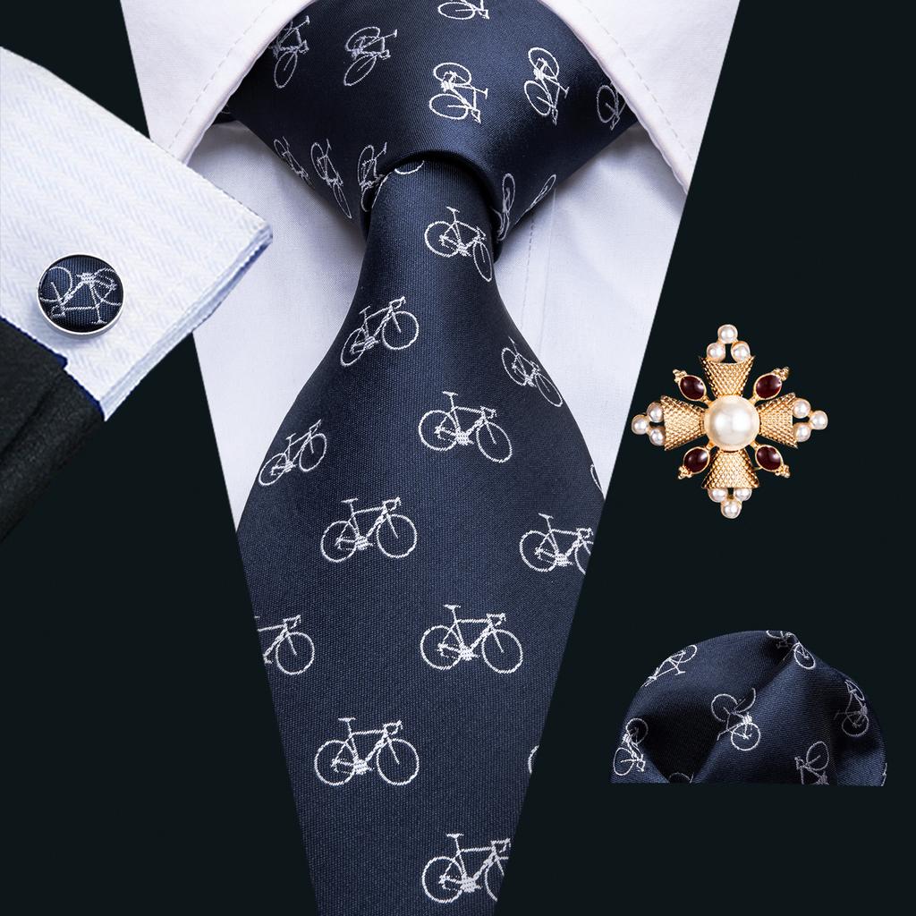 Pearl Brooch with Silk Tie for Men Vintage Floral Teal Necktie Hanky Cufflinks Gift Formal Set