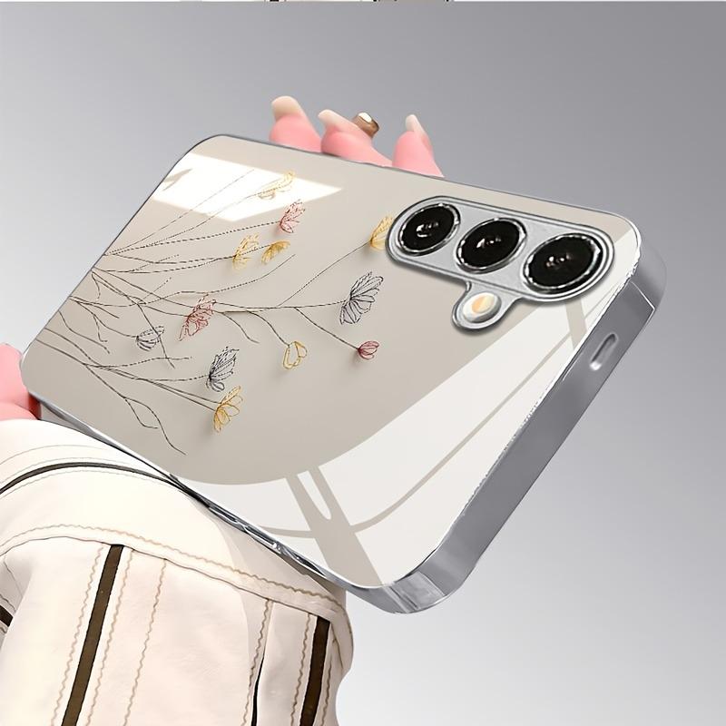 Coque de téléphone argentée plaquée électro avec motif floral de luxe pour Samsung Galaxy S26 S25 S24 S23 Ultra Plus FE Housse en verre trempé
