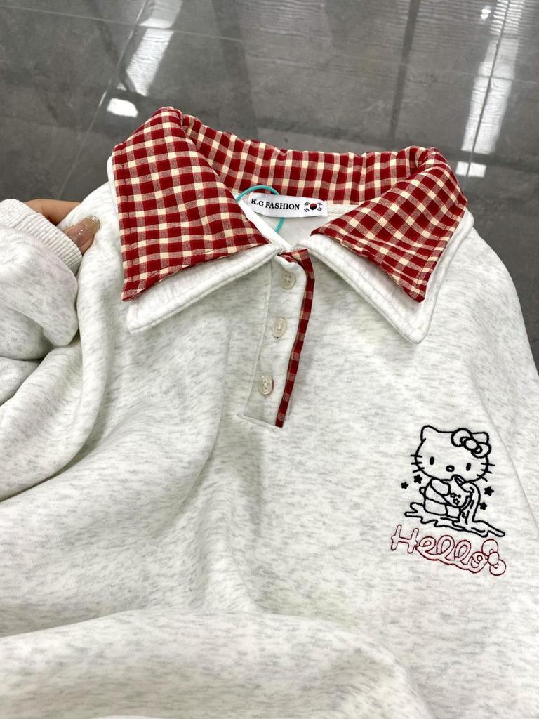 Women's 2025 Spring Hello Kitty Retro Embroidered Plaid Sweatshirt