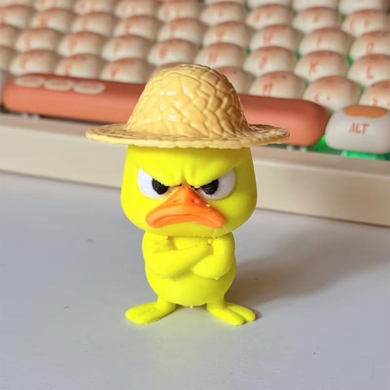 3D Printed Duck Figurine Set of 4 with Angry Face and Crossed Arm, Textured Hat Decorations for Office Desks, Display Shelves, and Entryways