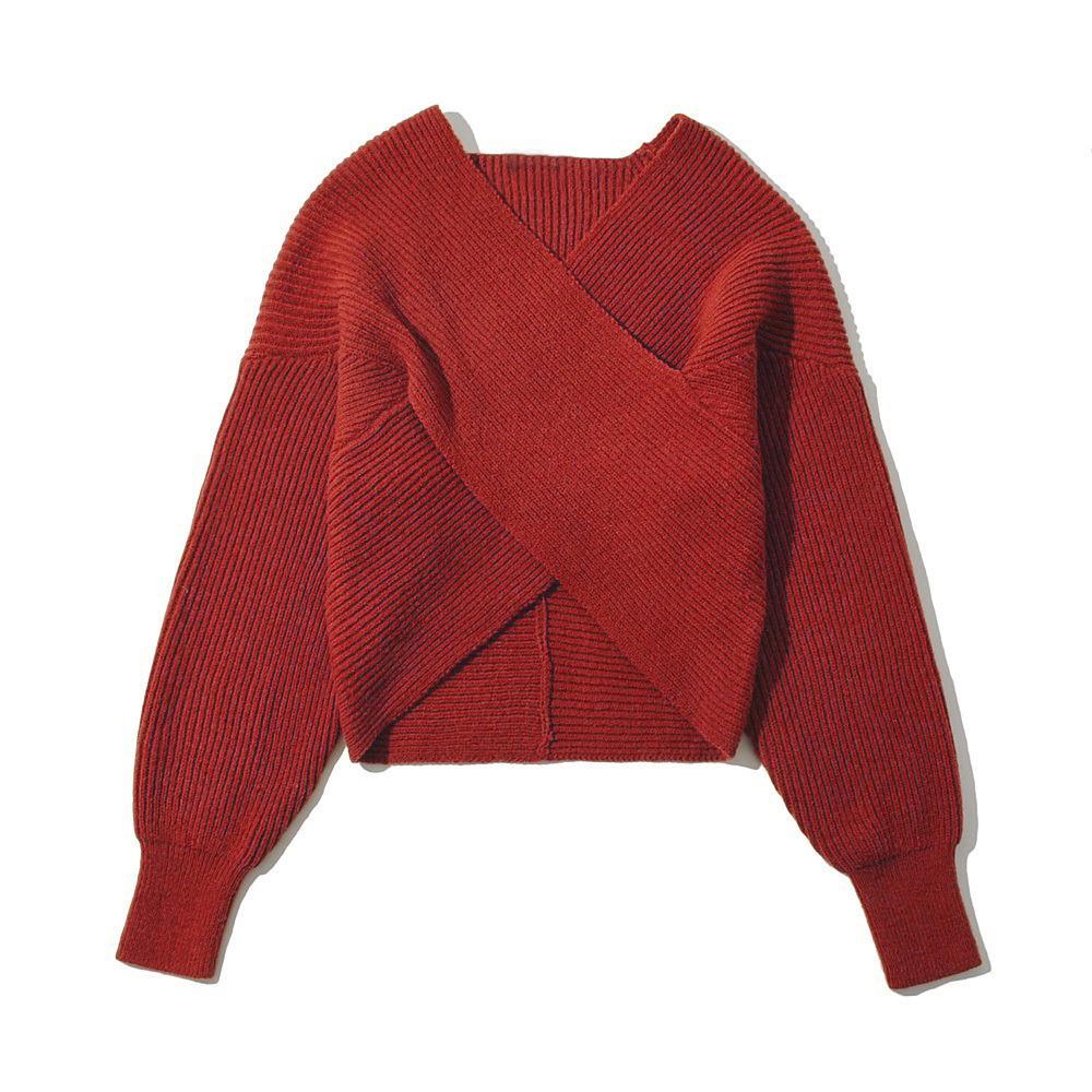 2026 Autumn Winter Solid Color V-Neck Cut-out Knit Sweater with Long Sleeves