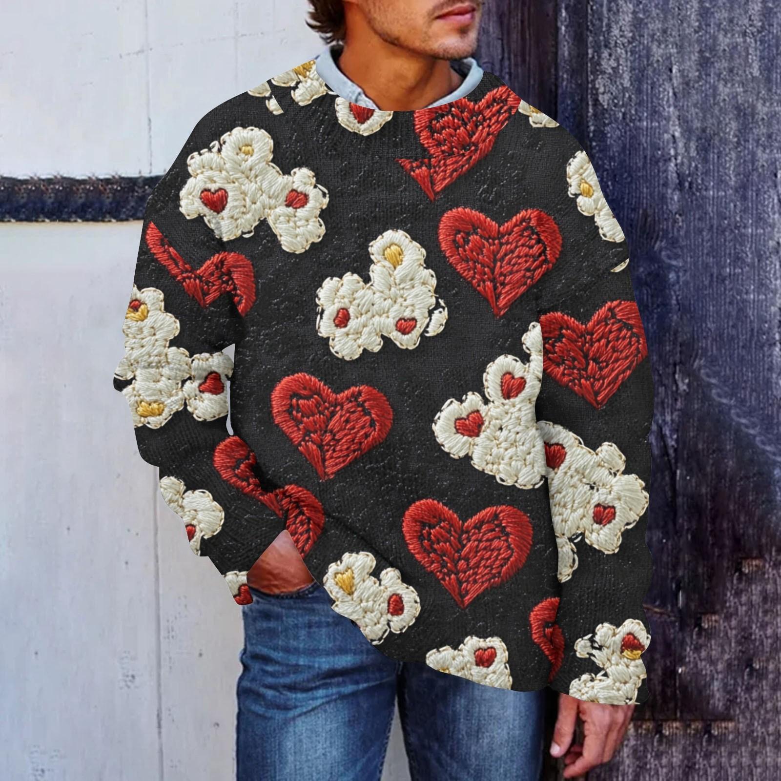 

Мужская мода Повседневная кофта с длинными рукавами на День святого Валентина Нежный принтованный свитер с круглым вырезом из шерсти и имитацией цветка Толстовка с капюшоном с круглым вырезом Свободные длинные рукава XXXXXL киноварь