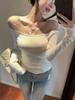Women's Black Rhinestone One-Shoulder Long-Sleeve Slim Fit T-Shirt