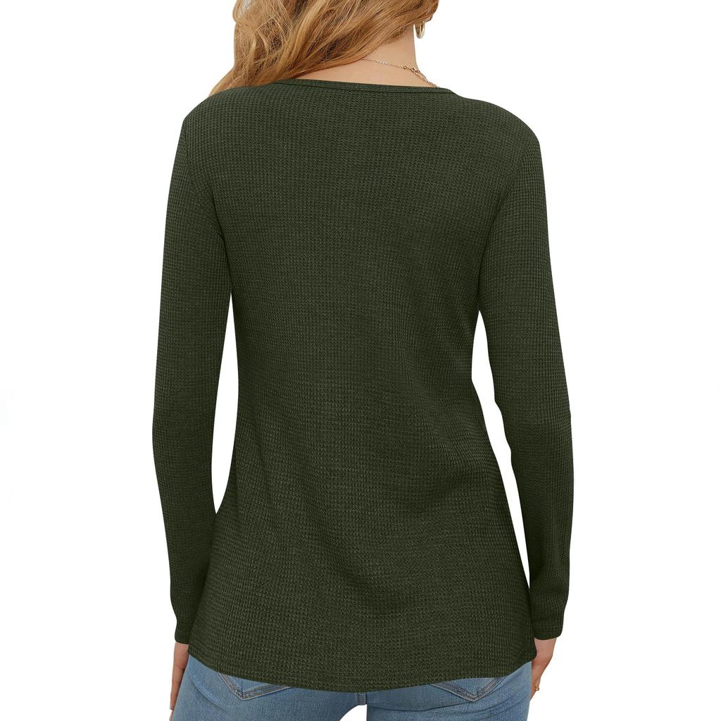 Modisches lässiges Damen-Pullover-Oberteil mit Rundhalsausschnitt, langen Ärmeln, Knöpfen und schmaler Passform