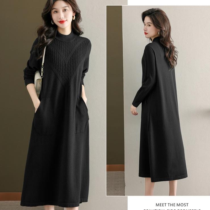 Jednobarevné pletené šaty pro ženy na podzim a zimu Svetrové šaty ke kolenům Volný svetr střední délky