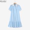 ZANZEA Women Elegant Doll Collar Summer Casual Short Sleeve Grid Print Dress