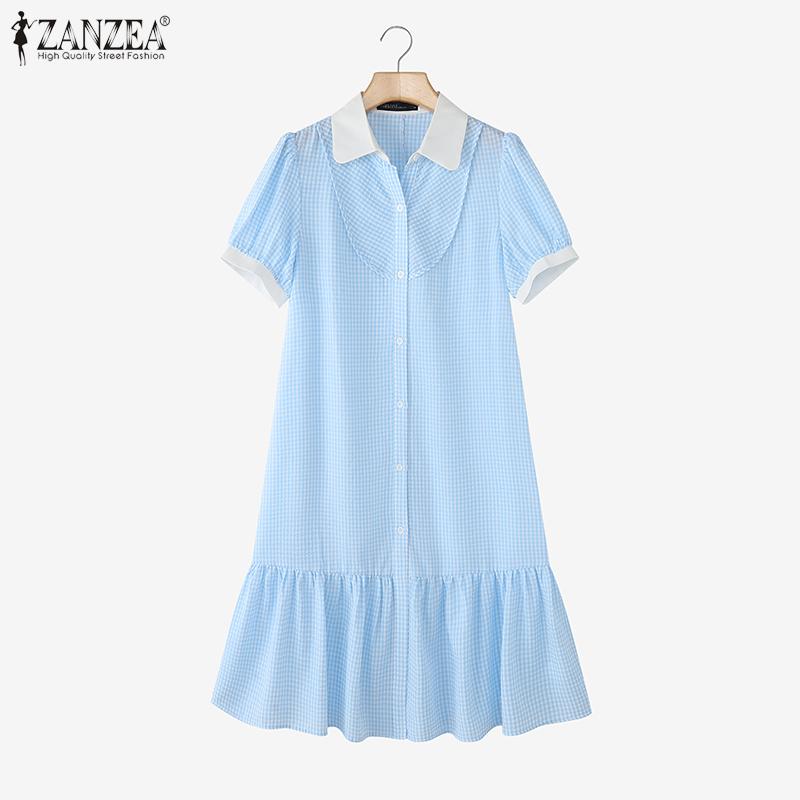 ZANZEA Women Elegant Doll Collar Summer Casual Short Sleeve Grid Print Dress