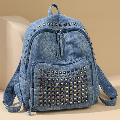 Denim Washed Rivet Backpack Large Capacity Backpack