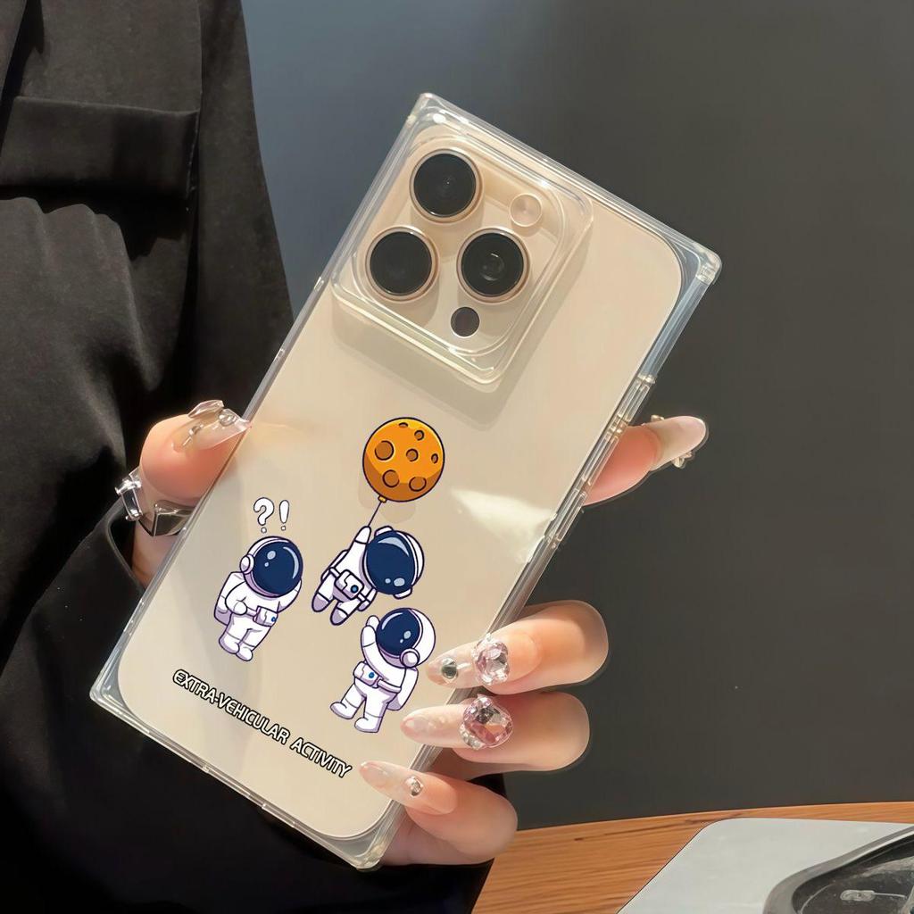 Clear Square Back Tube Case Protection For iPhone 11 14 Pro Max 12 15 Plus 13 16 ProMax Anti-Oxygen,Balloon Astronaut Pattern Casing