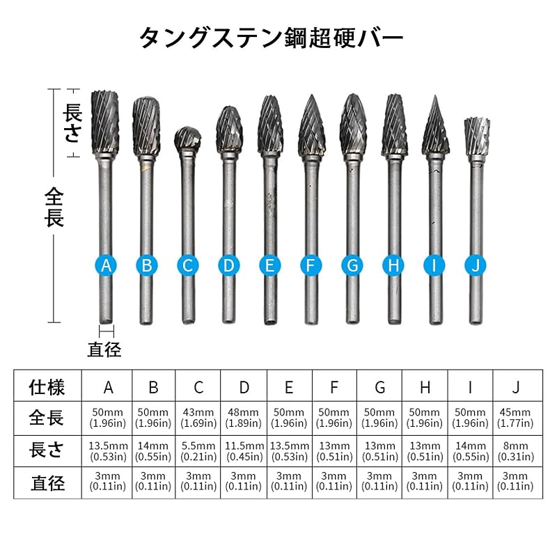 Carbide Burr Rotary Tool Bit Set, Tungsten, 3mm Shank, 6mm Blade Width, 10-Piece Set (50mm Length)