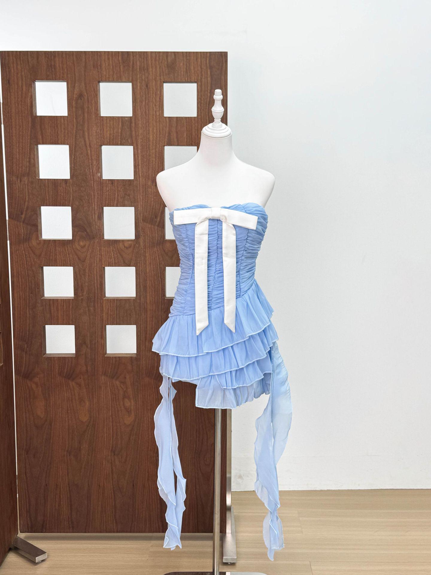 Vietnam Niche Bow Strapless Pleated Ruffle Dress for Women Large