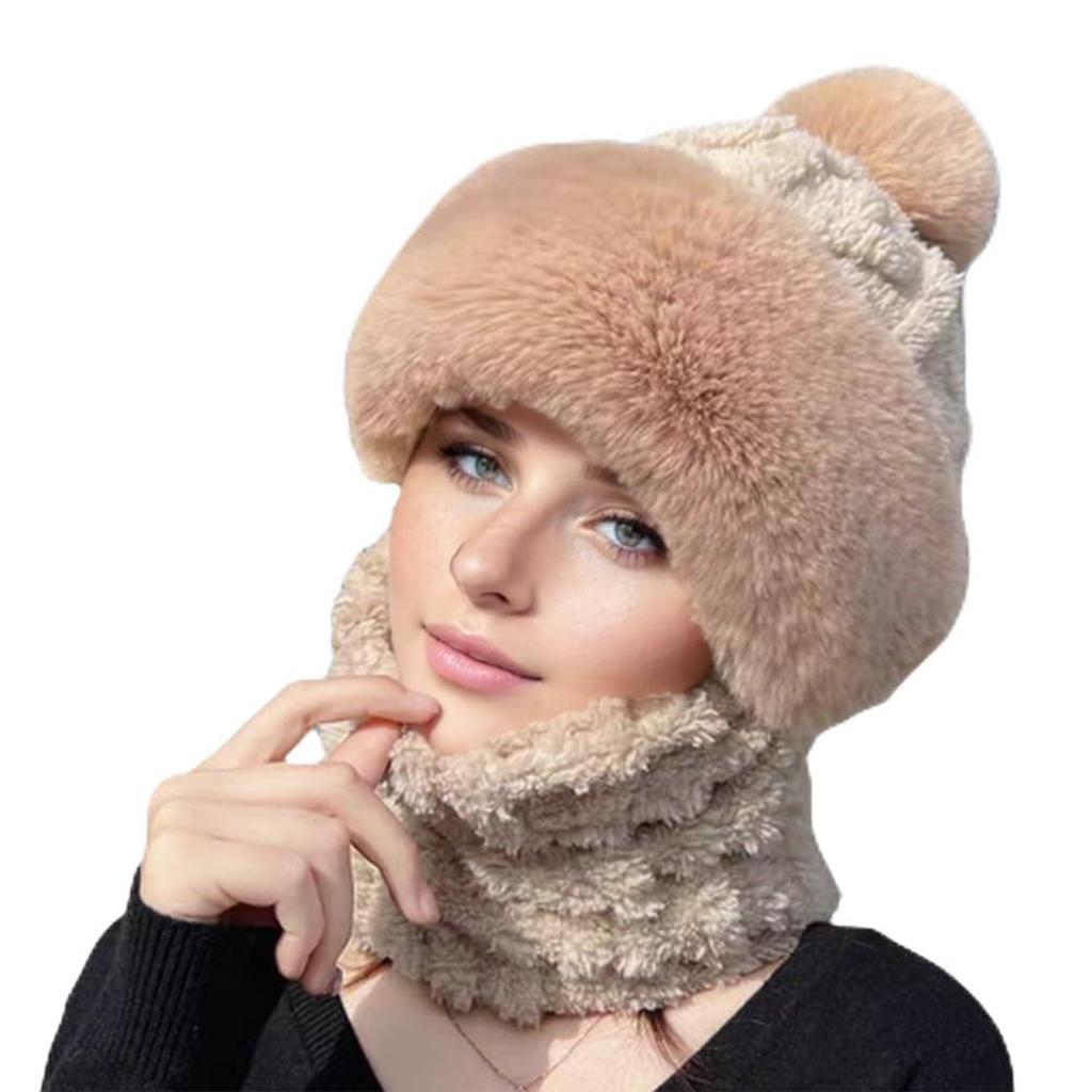 Winter Scarf Hooded Hat Set Women Plush Neck Warm Outdoor Skiing Caps Windproof Plush Hat Thick Plush Fluffy Hood