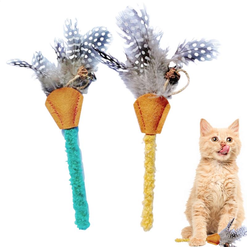 Cat Wand 2X Cat Chew Toys Feather Teething Enrichment Promotes Play Exercise And Reduces Boredom For Indoor Outdoor Activities