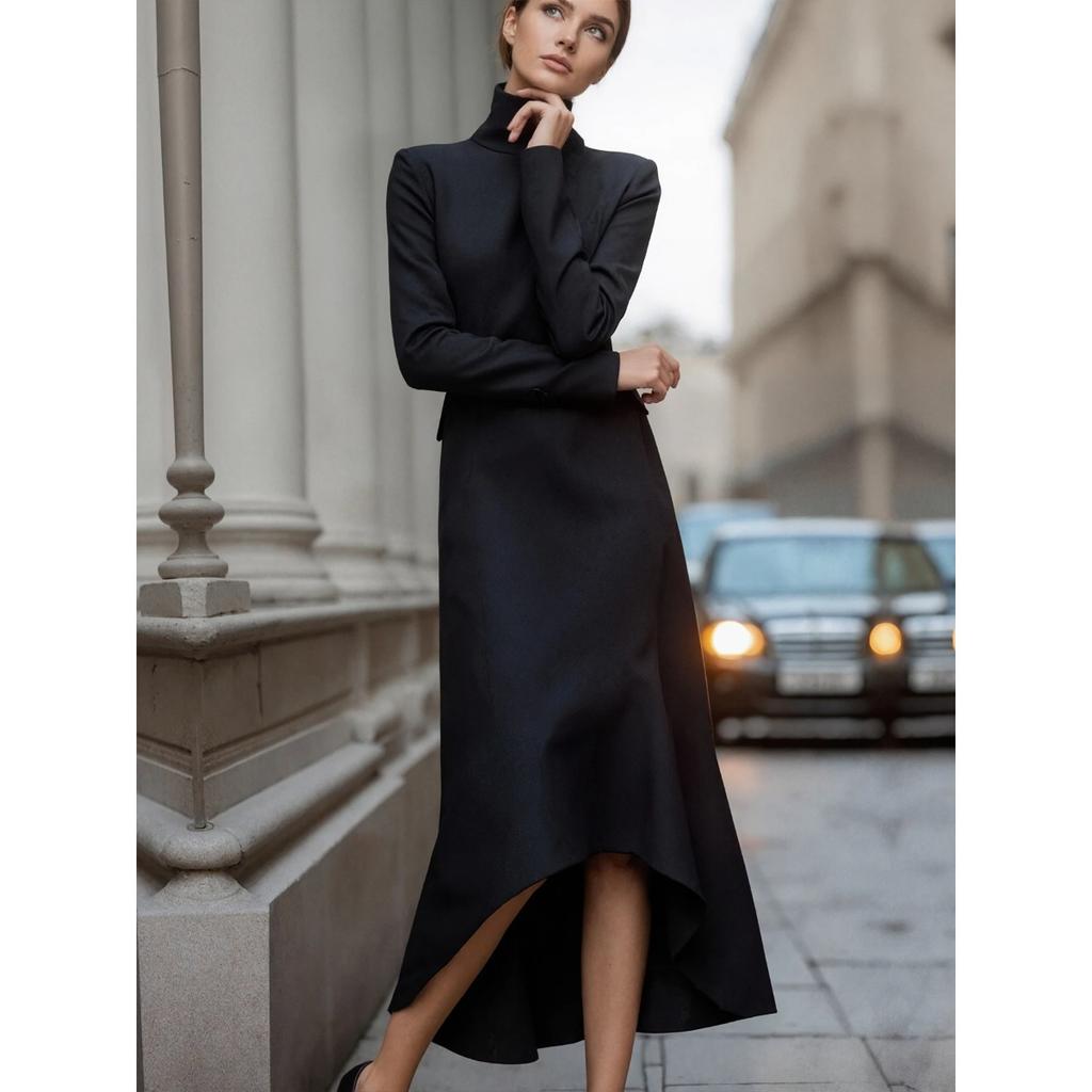 Nowa Elegancka Długa Sukienka Damska Jednokolorowa, Rozkloszowana, Można Prać w Pralce, Odpowiednia na Wiosnę i Jesień