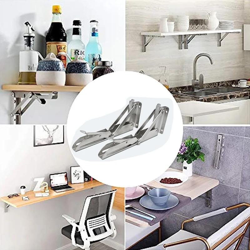 2-Pack Brushed Stainless Steel 8-18 Inch Adjustable Folding Angle Bracket – Heavy-Duty Wall-Mounted Shelf Support Triangle