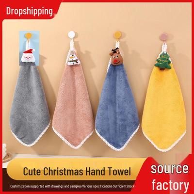 Serviette à main douce et mignonne Père Noël en molleton corail tricoté chaîne pour la cuisine