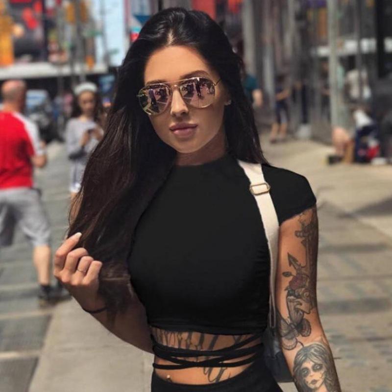 Solid Color Short Umbilical Cross-strap Short-sleeved T-shirt Women's Summer All-match Tight-fitting and Thin High-waisted Top