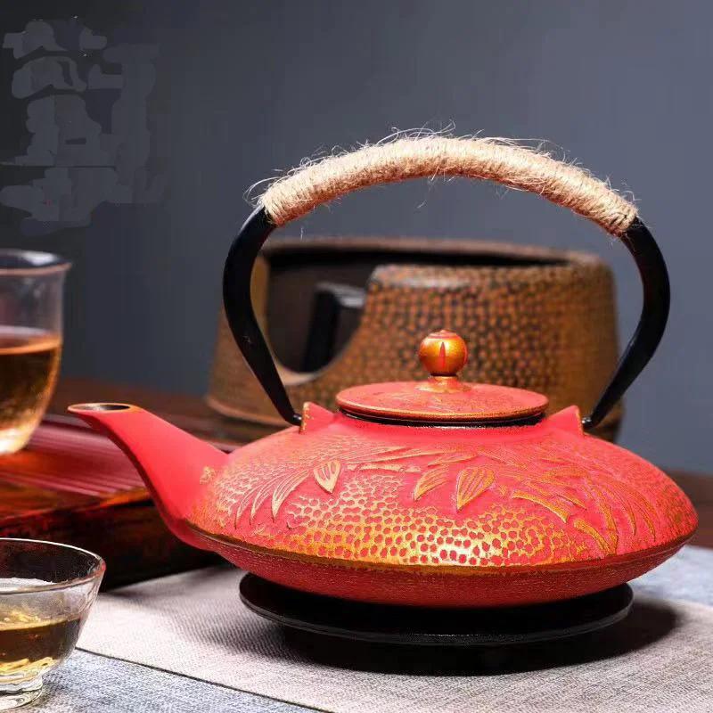 

900ml Cast Iron Cherry blossoms Kettle Teapot Accessories Tea Set House Decor for Friends Family Wedding Lovers червоний
