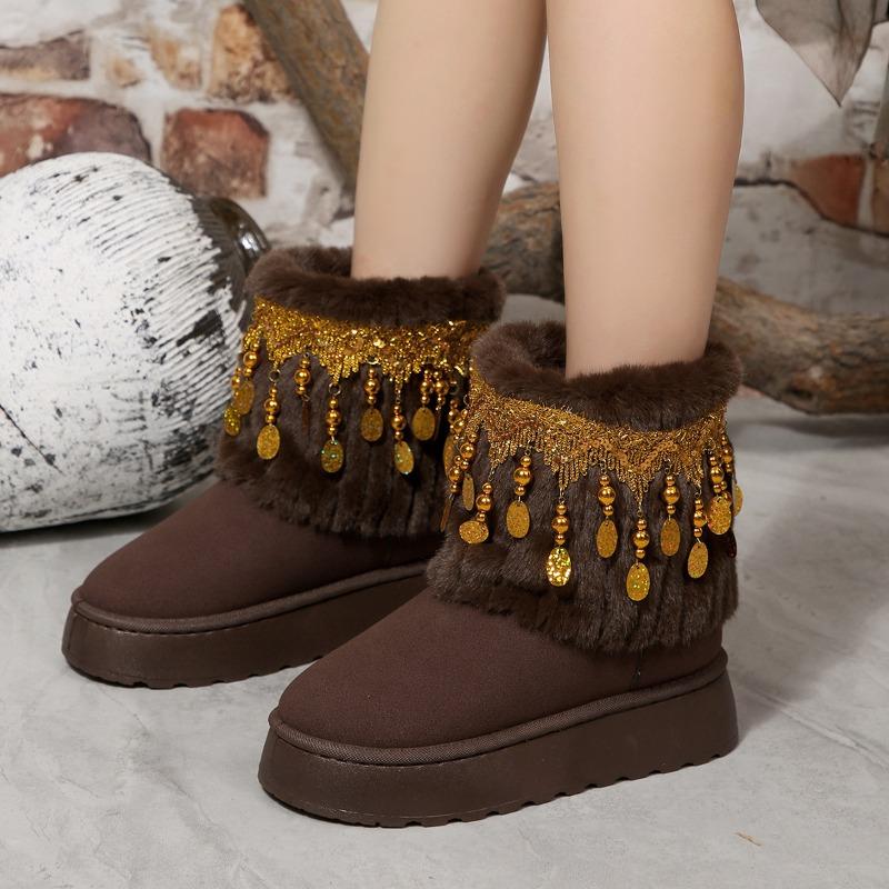 Foreign trade comfortable thick-soled short cotton shoes women's autumn and winter new tassel beaded velvet warm snow boots