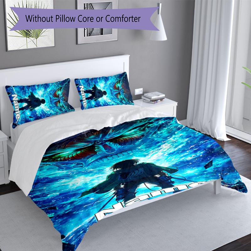 3pcs Custom Name Attack On Titan Set,Includes 1 Duvet Cover and 2 Pillowcases,All-season Bedroom Decor