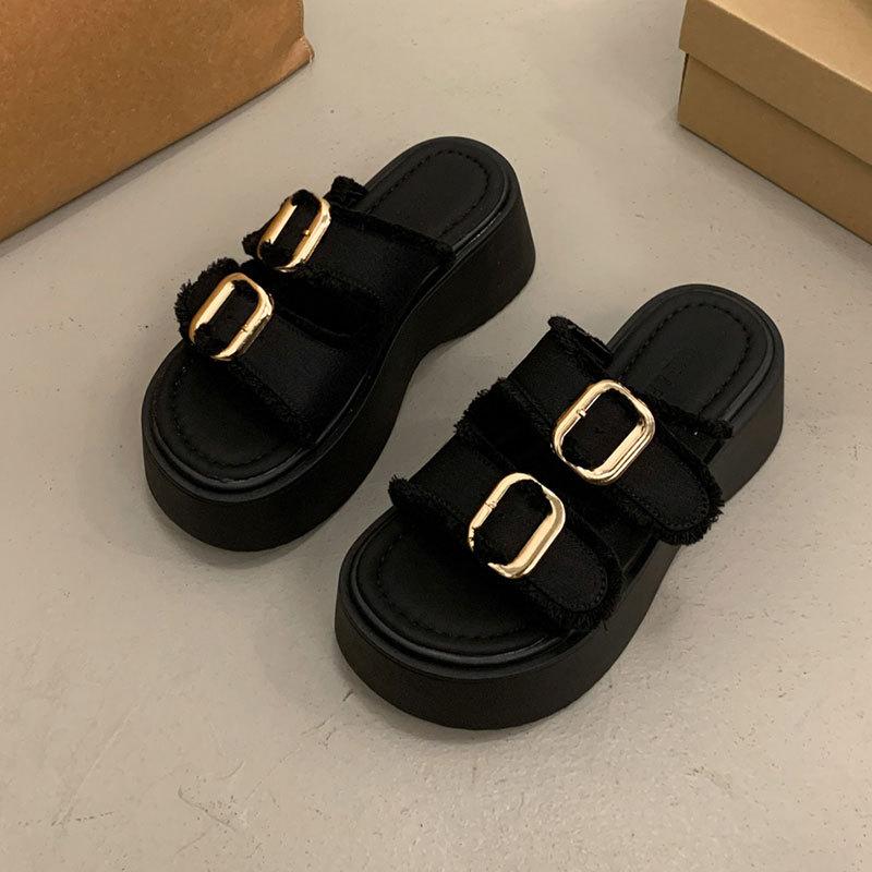 JX thick-soled muffin sandals women's new versatile height-increasing denim slippers sports cool slippers