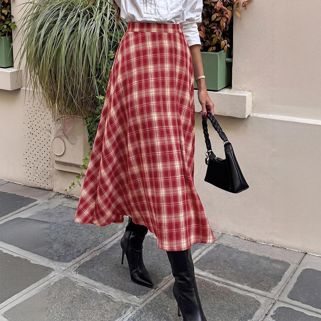 Women's Vintage Plaid High-Waist A-Line Casual Midi Skirt