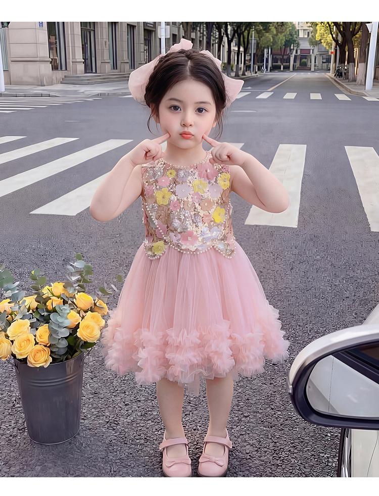 Girl's Pink Mesh Sleeveless Dress Summer Baby Girl Sweet Big Bow Dress Performance Princess Dress