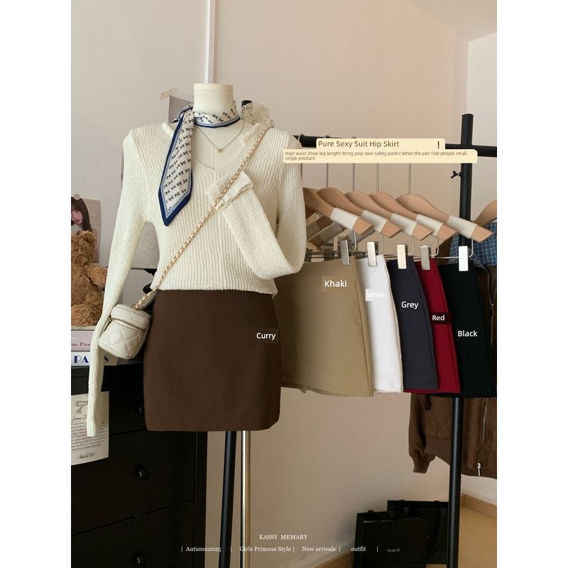 Kumikumi Sexy Style Pure Color Fashion Tape High Waist Skirt Women's Autumn Easiest for Match Slim Looking A- Line Skirt Skirt