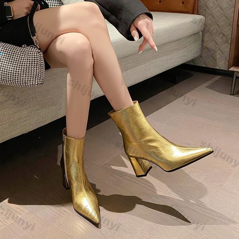 Women Chunky Heels Ankle Boots High-heeled Short Boot New Sliver Pointed Toe Zipper Winter Retro Leather Short Booties