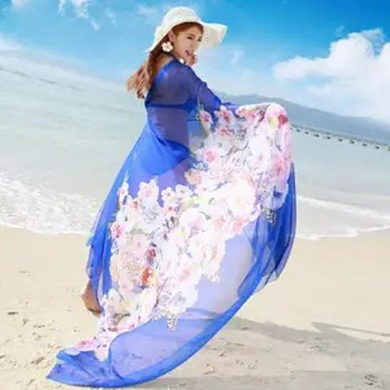 Asciugamano da Spiaggia Oversize in Chiffon Primavera e Autunno Donna Protezione Solare Sciarpa Floreale con Motivo Broccato Sciarpa Lunga
