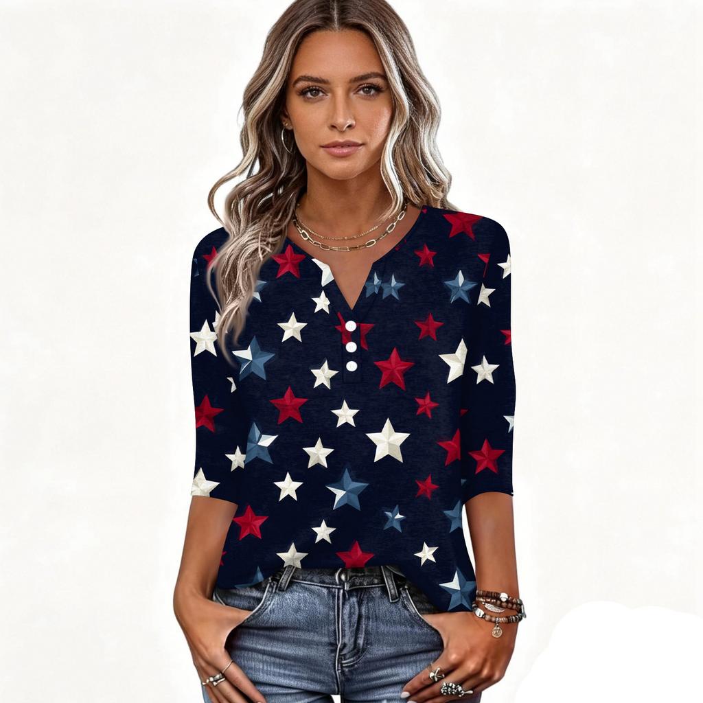 Women's T Shirt Independence Day Print Button 3/4 Sleeve Daily Weekend Fashion Basic V- Neck Regular Top