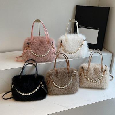 Vintermote Fuskepels Crossbody-vesker for Kvinners Gave, Perlekjededekor Skulderveske, Damehåndvesker Topphåndtakveske