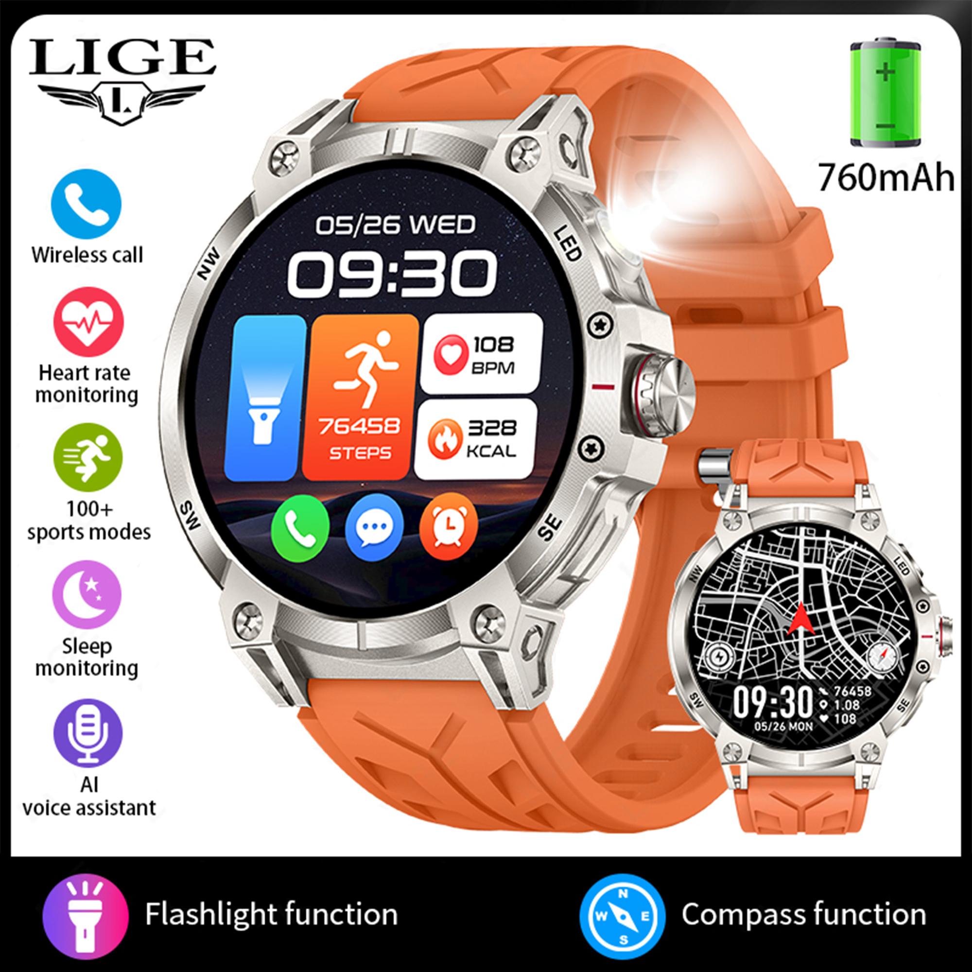 

LIGE 1.8 Bluetooth Call Smart Watch 760mAh Спорт на открытом воздухе Фитнес-трекер Мужские часы LED Фонарик Компас Smartwatch silicone strap оранжевый
