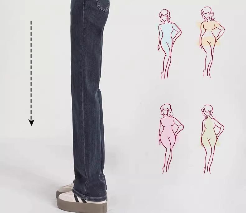 Women's 2025 High-Waist Plush Jeans - Small Size, Wide-Leg, Narrow Straight, Autumn/Winter Style