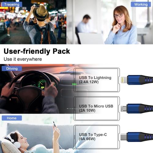 Wielofunkcyjny kabel ładujący USB 3w1 3M/10 stóp 6A PD Szybki pleciony kabel ładujący ze złączem USB C/Micro USB/Lightning Uniwersalny wieloportowy długi kabel ładujący