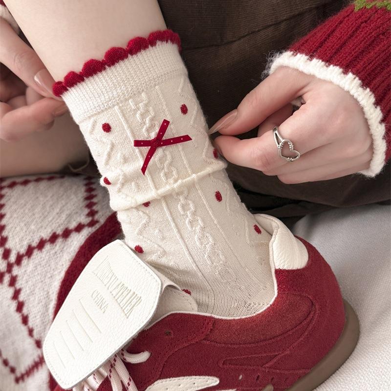 Christmas Bright Red Warm Wool Socks Bow Striped Cartoon Tube Socks New Year'S Red Stacking Socks