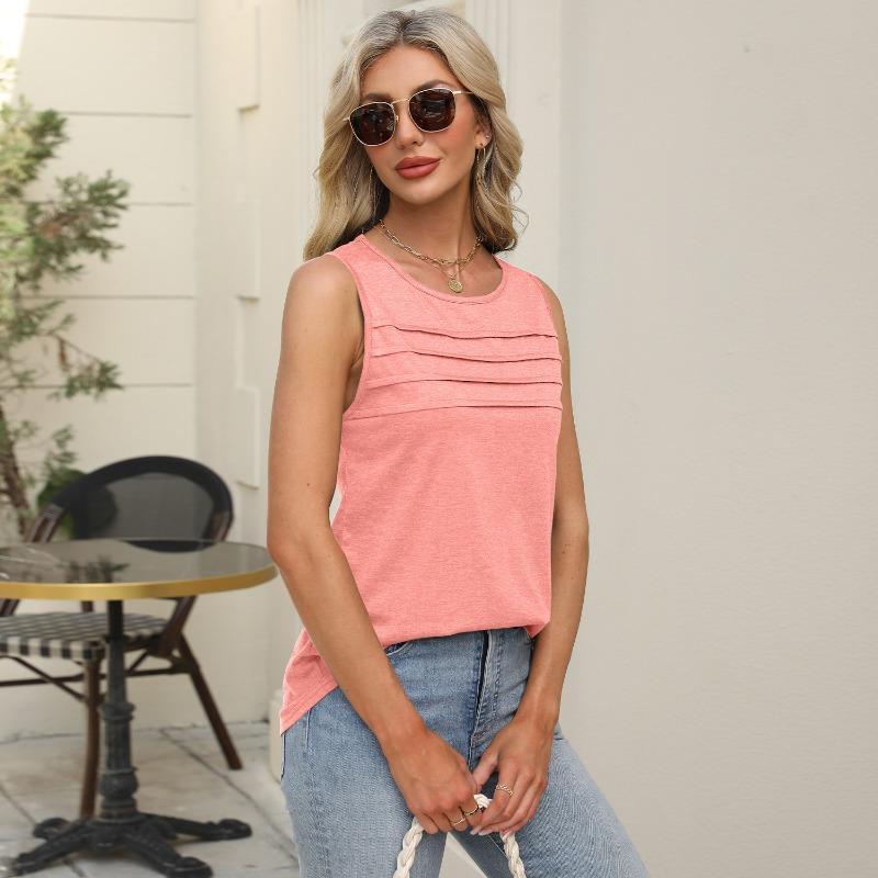 Women's New Spring/summer Solid Colour U-neck Pleated Vest T-shirt