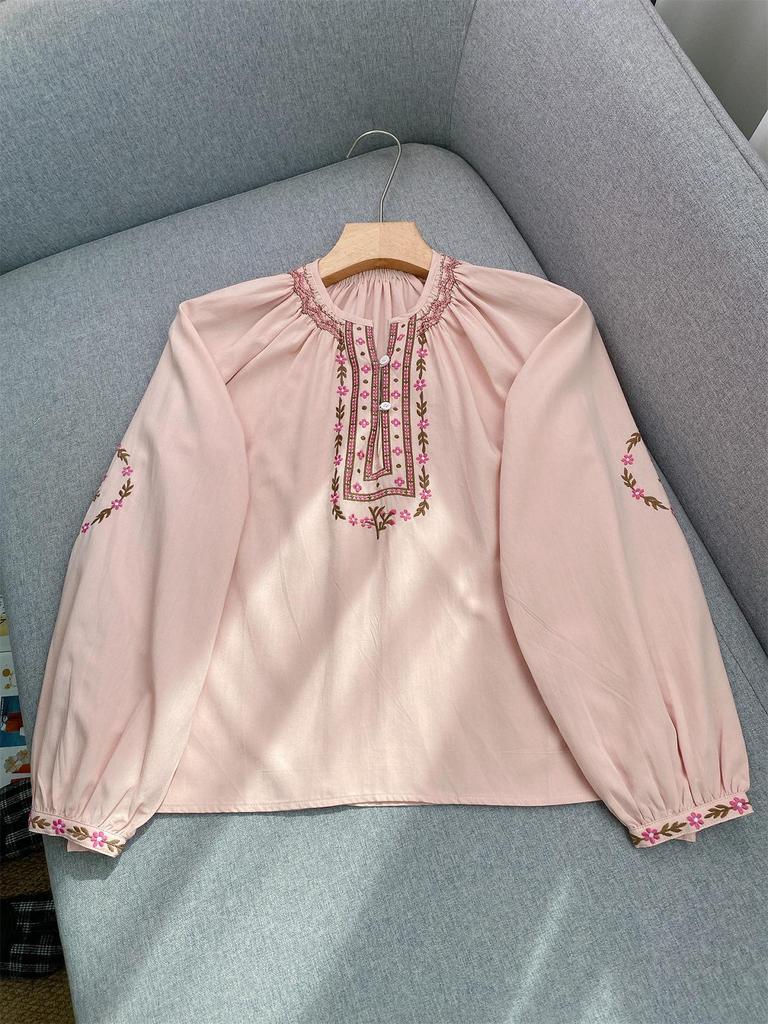 Elegant Ethnic Floral Embroidered Puff Sleeve Shirt for Women