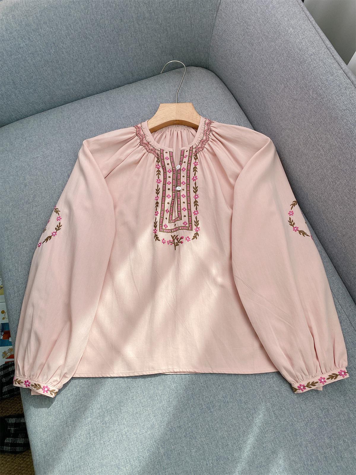 Elegant Ethnic Floral Embroidered Puff Sleeve Shirt for Women Medium
