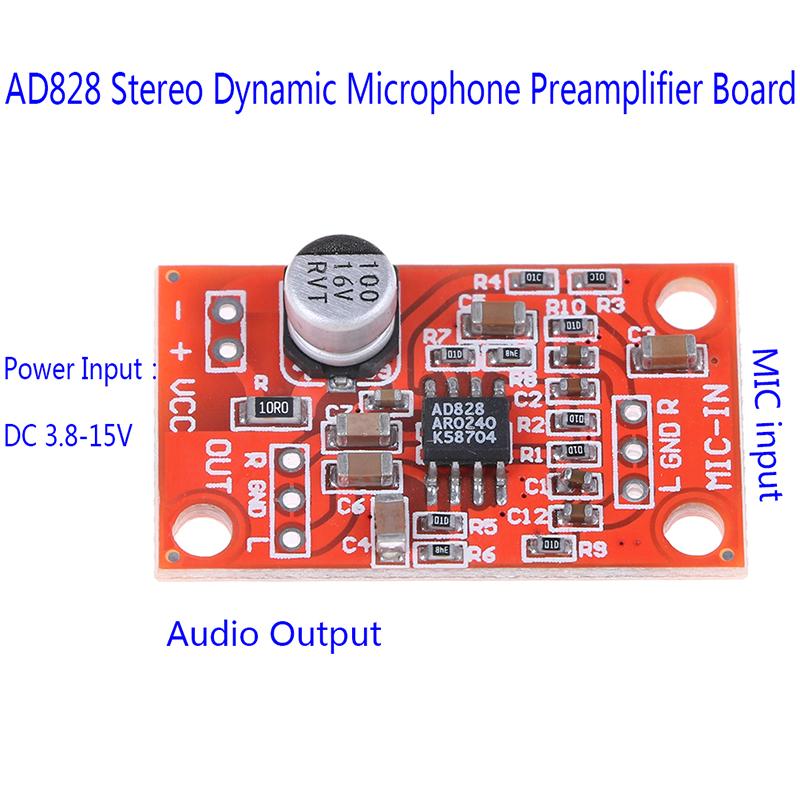 Ad828 Stereo Dynamic Microphone Preamplifier Board Mic Preamp Dc 3.7V-15V 12V
