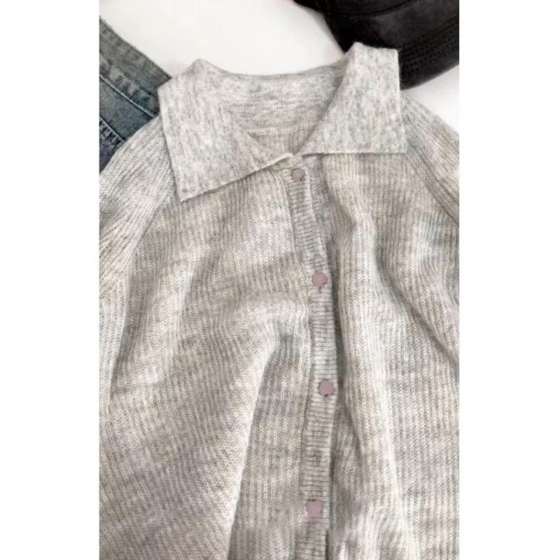 Gentle wind blue sweater lazy wind women's autumn and winter lapel knitting soft waxy design unique top